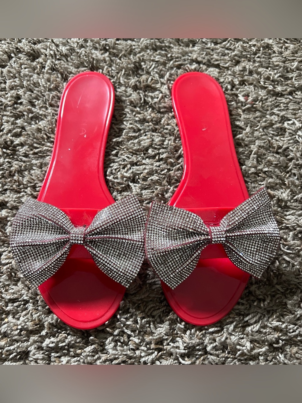 Women’s Red Slide Sandals with Crystal Bow Accent